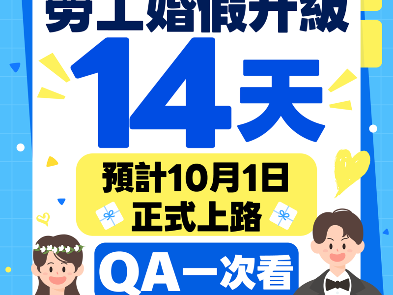 預告修正「勞工請假規則」 ! 挺成家「婚假升級14日」